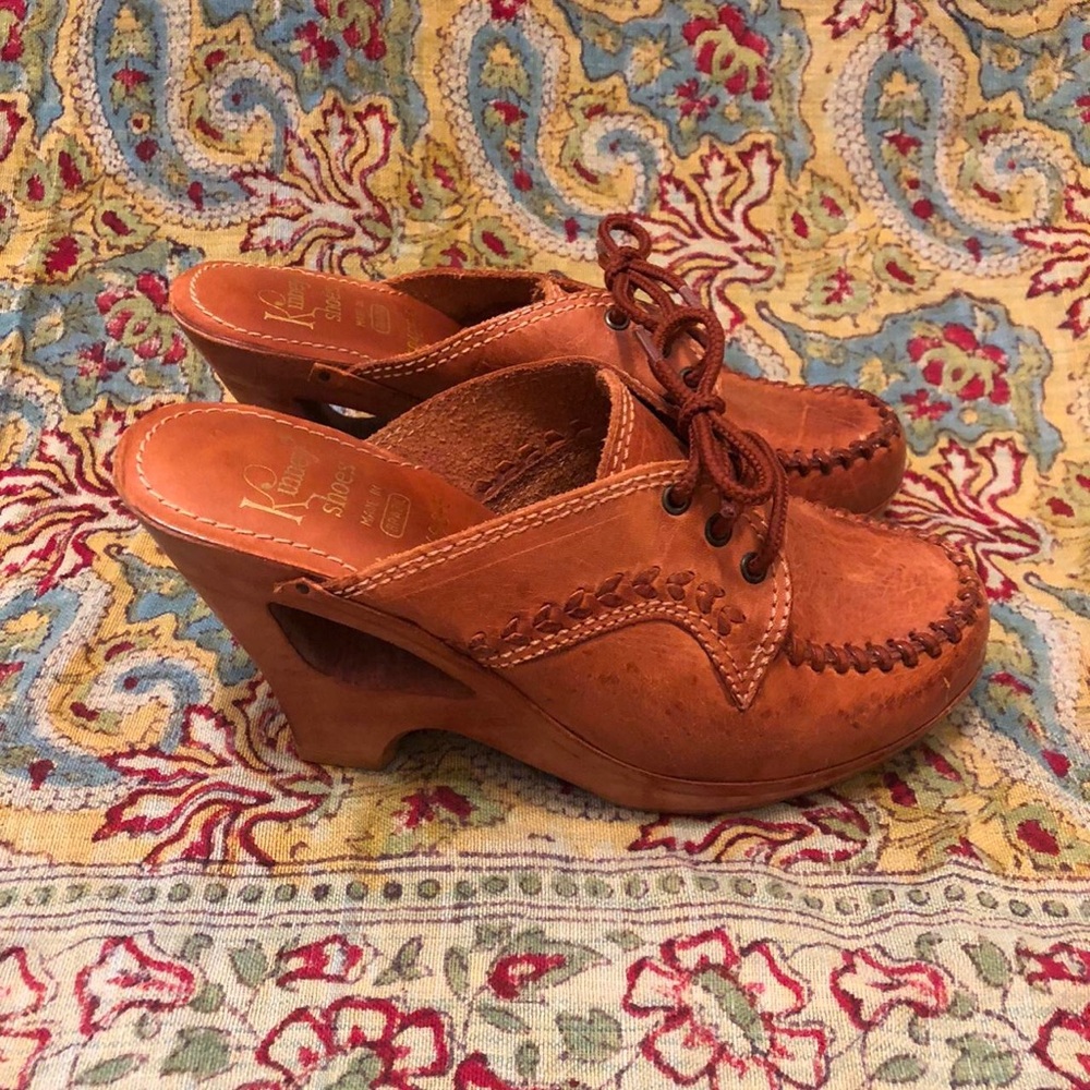 Wood Cutout Leather Lace-Up Mules